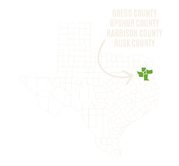 Map of Texas with Yard Dog Landscapes' East Texas service area highlighted