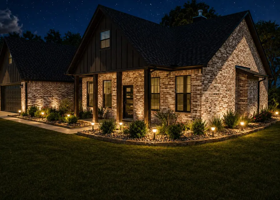 Design rendering of a front flower bed with landscape lighting at night