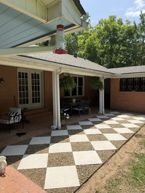 Checkerboard paver patio off a covered porch, Kilgore, TX