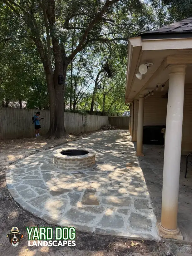 Cherokee flagstone patio and chopped stone fire pit, White Oak, TX
