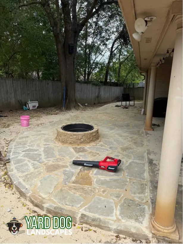 Flagstone set and mortared around the fire pit, White Oak, TX