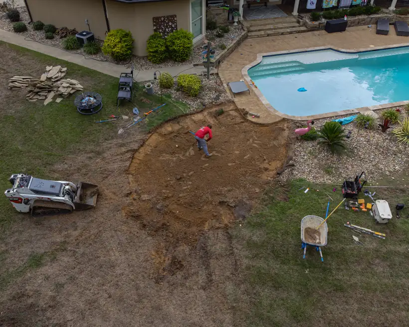 Aerial view of the patio area cut out beside the pool, Hallsville, TX