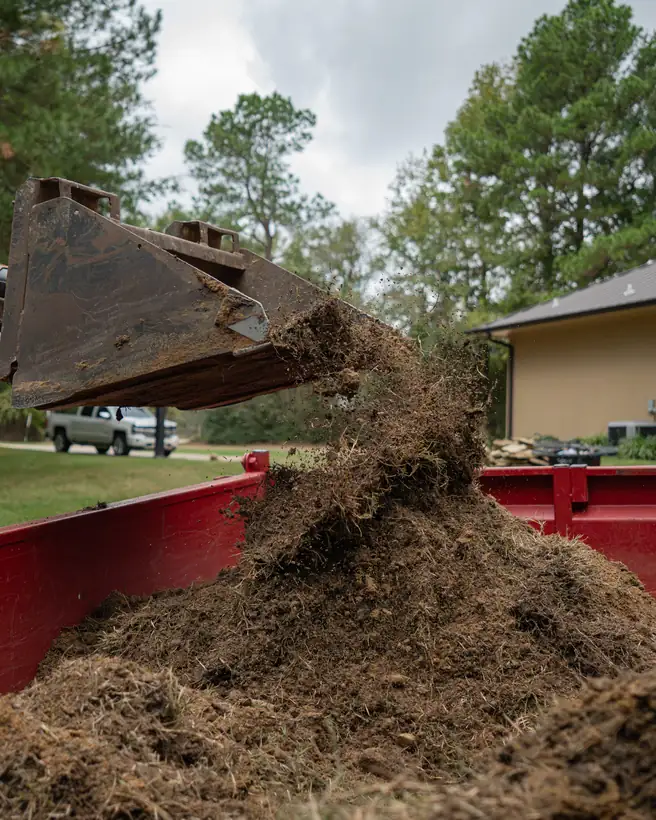 Loader bucket emptying spoil into the dump trailer, Hallsville, TX