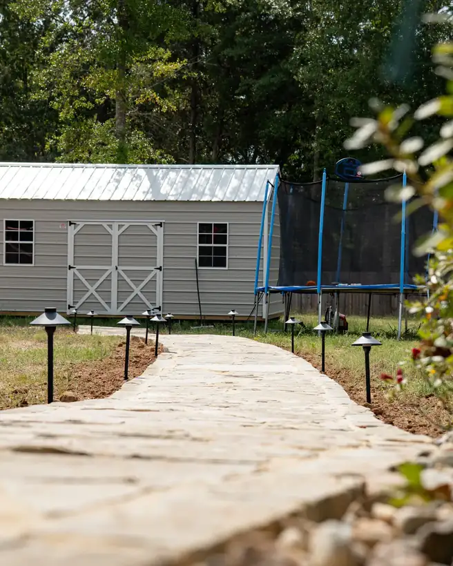 Flagstone path curving out to the shed, Kilgore, TX