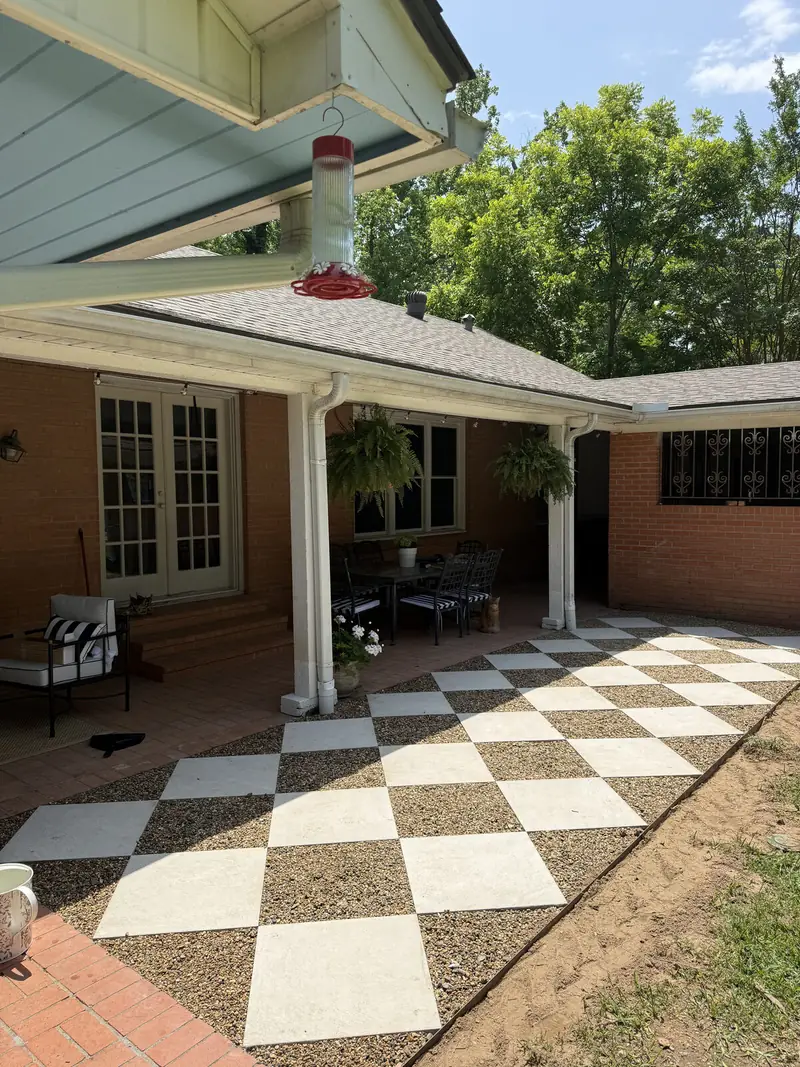 Checkerboard paver patio off a covered porch, Kilgore, TX